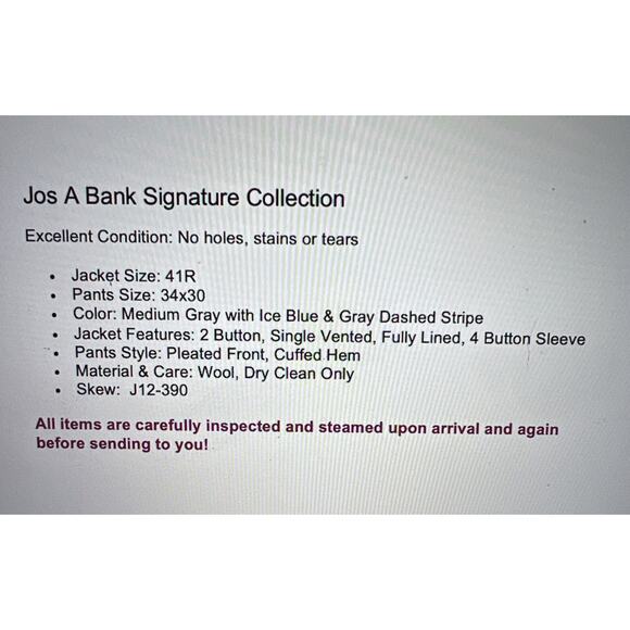 Jos A Bank Signature 41R 34x30 Gray with Ice Blue Dashed Stripe Suit Set - Picture 2 of 16